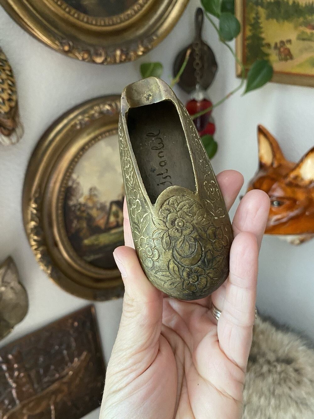 Vintage Etched Brass Shoe Ashtray Floral Brass Large Slipper Ashtray Istanbul